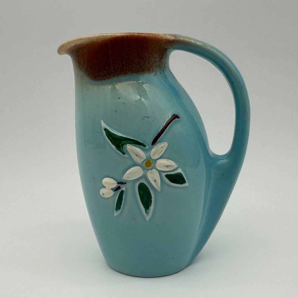 Vintage Hand Painted Turquoise Blue Ceramic Pitcher Floral Embossed Bud Vase